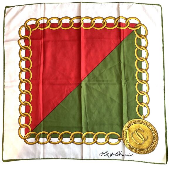 Oleg Cassini Signed Logo Scarf Silky Gold Chain Medallion Green & Red 26” Square - Picture 1 of 7